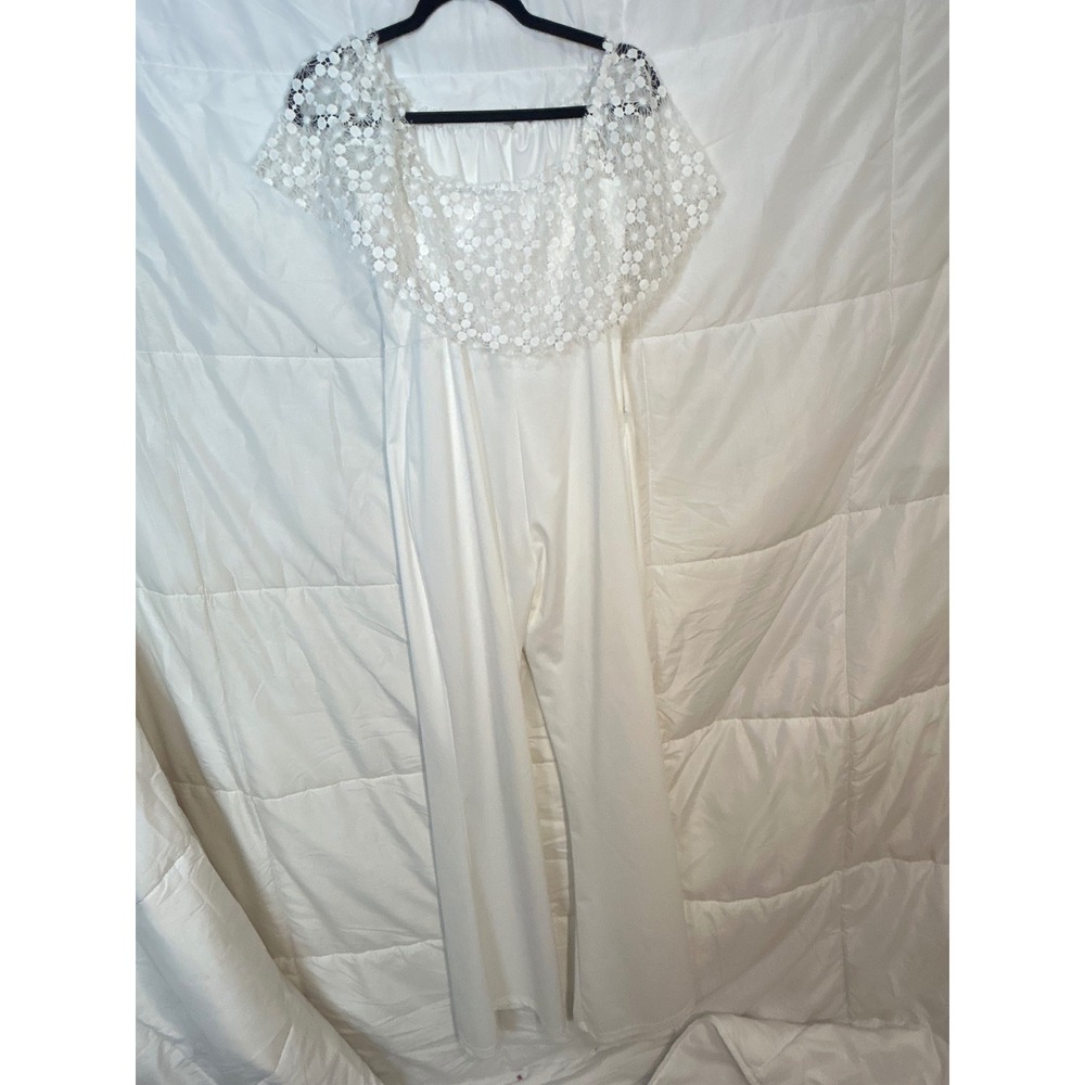 White Lace Overlay Wide Leg Jumpsuit‎ Women's XL Square Neck Cap Sleeve
